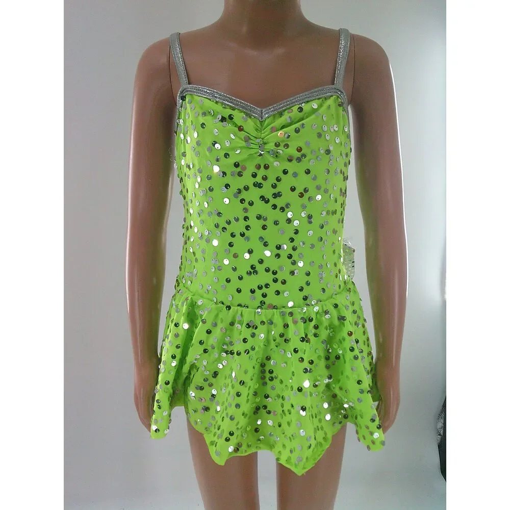 Pre-Owned Dance Costume Costume Gallery 17319 Int Child Green Dress Jazz Sequin